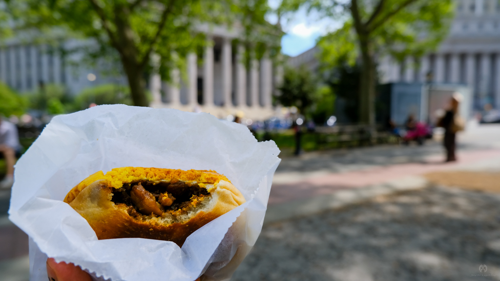 Pork-pineapple bun in front of the Court House. Detective Olivia Benson. Ring a bell? Law & Order: SVU?