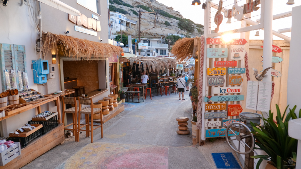 Souvenir shops and restaurants at Matala beach
